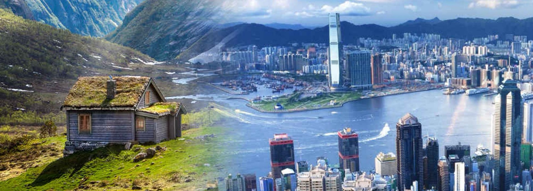A composite image blending a Norwegian turf-roofed cabin in a fjord landscape into the Hong Kong skyline