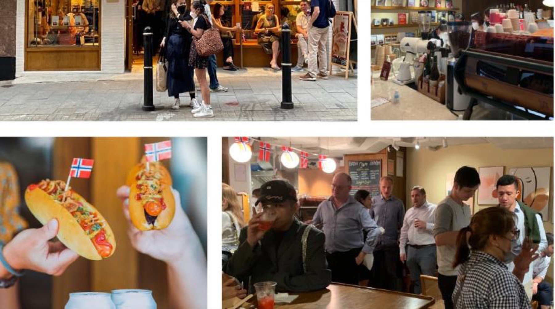 Four photographs from a Constitution Day gathering: Norwegian-flagged hot dogs, and members at a Hong Kong cafe strung with Norwegian bunting
