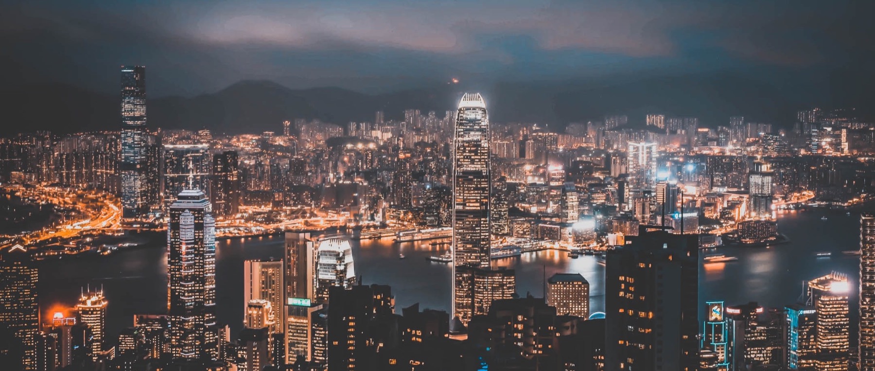 Victoria Harbour and the Hong Kong skyline at night